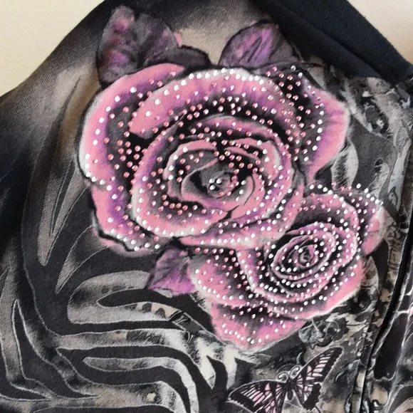 Essentials Sz 4X hoodie zip front Y2K graphic roses Butterflies crystals black - Picture 3 of 14